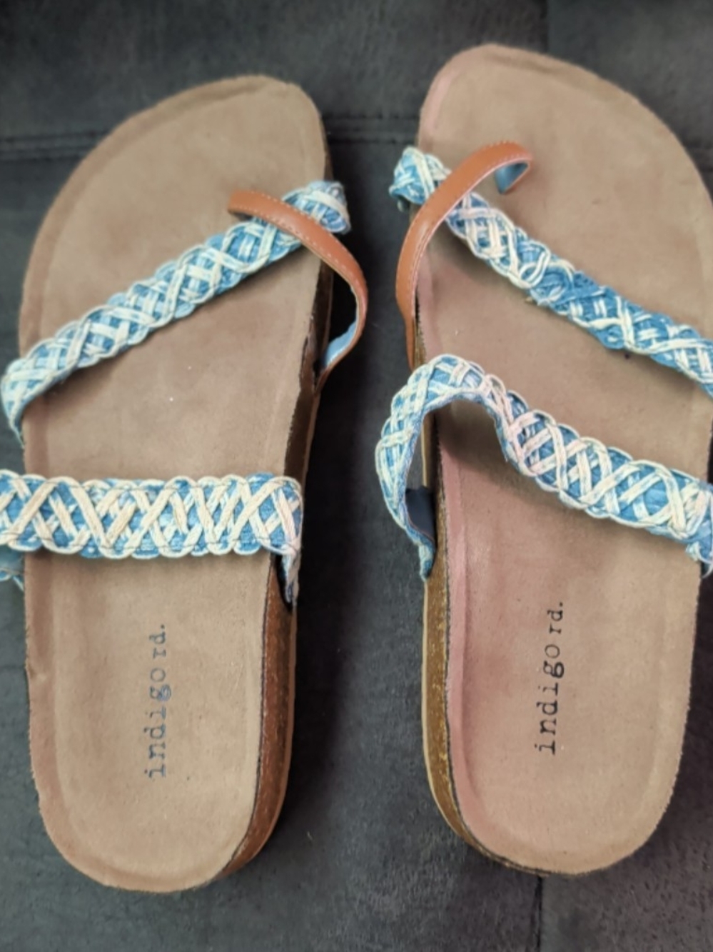 Indigo Braided Blue and Cream Slide Sandals with Tan Accents